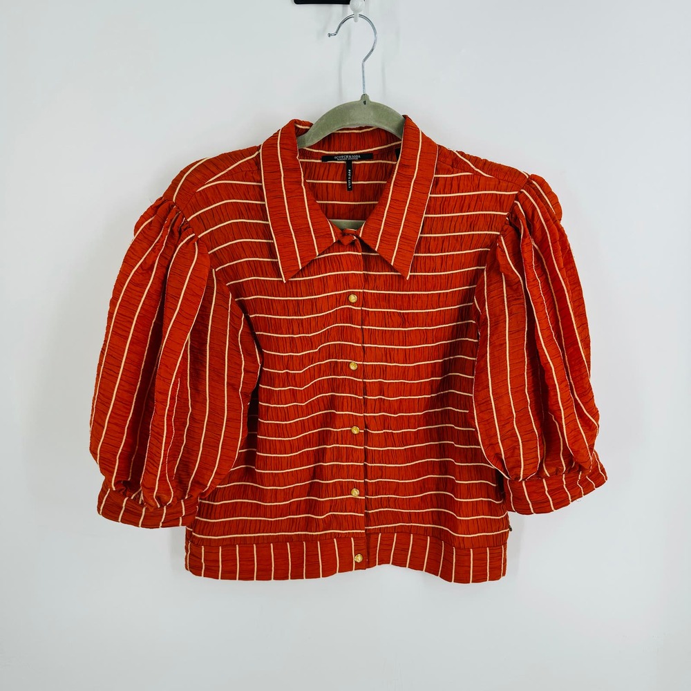 Scotch & Soda Orange White Striped Puff Sleeve Button-Down Crop Top Size L